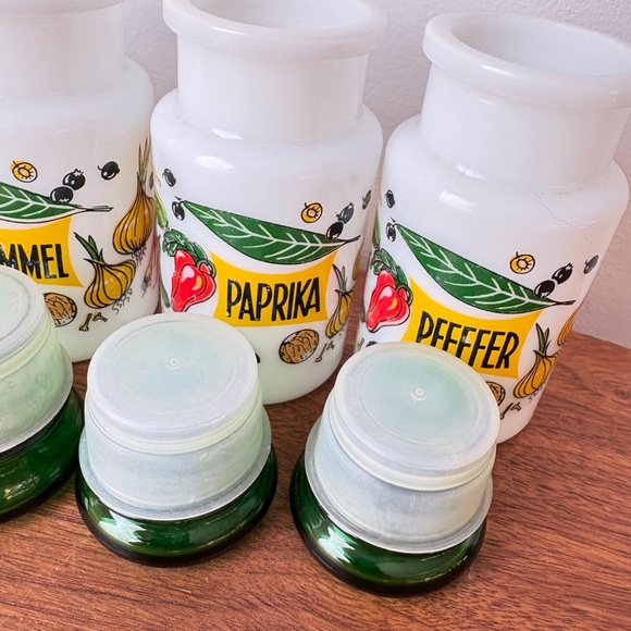 Vintage Kitchen Decor Colorful Spice Jars with Green Lids French Farmhouse Jars - Picture 12 of 13